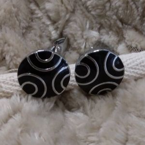 Vintage Black and Silver Metal Enamel Cufflinks Round